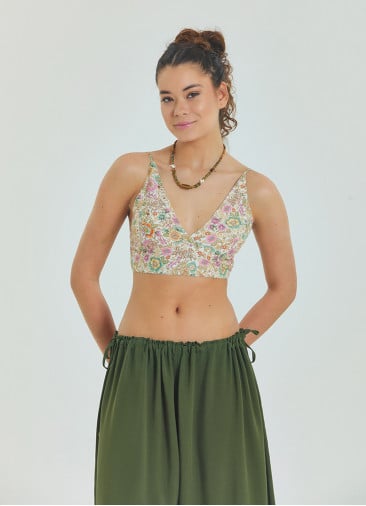 Lace Up Open Back Adjustable Beige Floral Blouse 4650